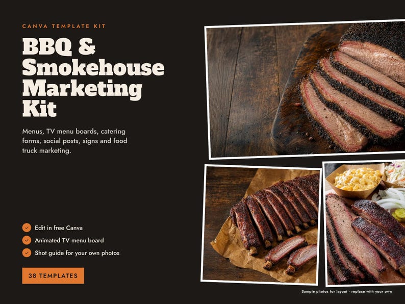 May include: A Canva template kit for BBQ & Smokehouse marketing featuring text and three photographic inserts of sliced brisket and ribs. The layout includes lists of menu boards, catering forms, and social posts with 38 total templates.