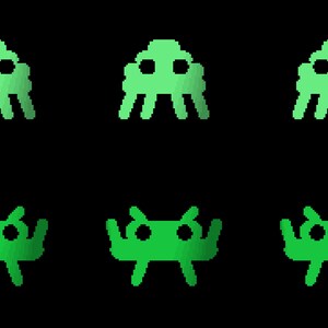 May include: A repeating pattern of pixelated green alien figures set against a solid black background. The design features two distinct types of retro-style creatures arranged in alternating rows, showcasing a classic arcade aesthetic with sharp edges.