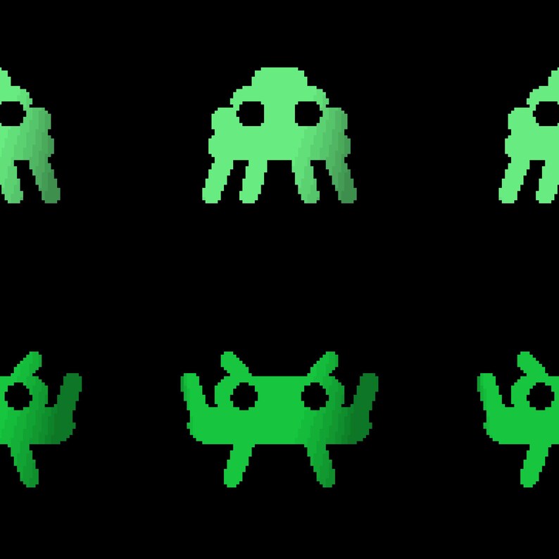 May include: A repeating pattern of pixelated green alien figures set against a solid black background. The design features two distinct types of retro-style creatures arranged in alternating rows, showcasing a classic arcade aesthetic with sharp edges.