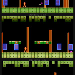 May include: A digital graphic featuring three stacked retro-style video game levels. Each section displays a pixelated orange character navigating platforms, brown pillars, blue grid squares, and green brick walls. Text labels read STREAM DECK MK2 - 15 KEYS, STREAM DECK XL - 32 KEYS, and STREAM DECK PLUS - 8 KEYS.