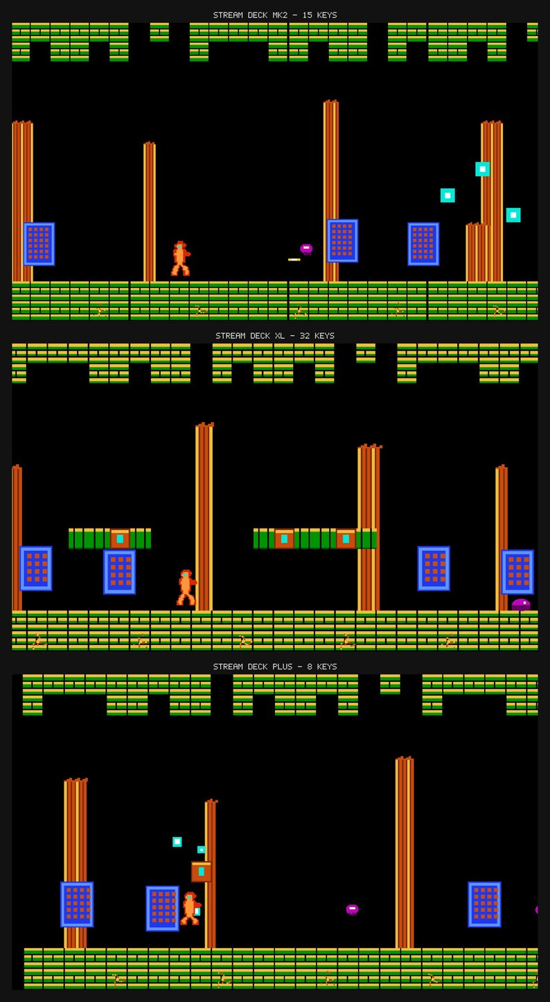 May include: A digital graphic featuring three stacked retro-style video game levels. Each section displays a pixelated orange character navigating platforms, brown pillars, blue grid squares, and green brick walls. Text labels read STREAM DECK MK2 - 15 KEYS, STREAM DECK XL - 32 KEYS, and STREAM DECK PLUS - 8 KEYS.