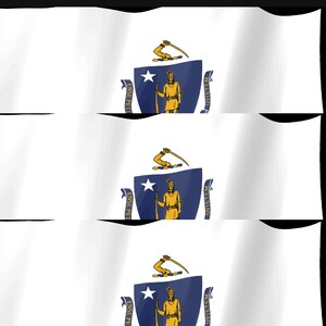May include: The flag of Massachusetts features a white field with a central blue shield. Inside the shield is a gold figure of an Indigenous person holding a bow and arrow. Above the shield is a gold arm holding a sword. The text Ense Petit Placidam Sub Libertate Quietem is visible on blue ribbons.