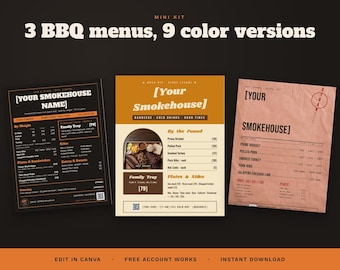 BBQ Menu Template Set, 3 Editable Canva Menus, Smokehouse Menu, Retro Diner Menu, Kraft Paper Menu, Food Truck Menu, Printable