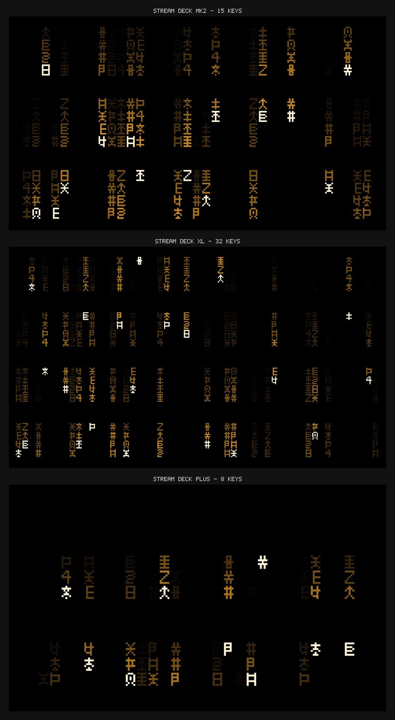 May include: A black graphic chart displaying three distinct sections labeled Stream Deck MK2 - 15 Keys, Stream Deck XL - 32 Keys, and Stream Deck Plus - 8 Keys. Each section contains a grid of orange and white pixelated icons on a black background.