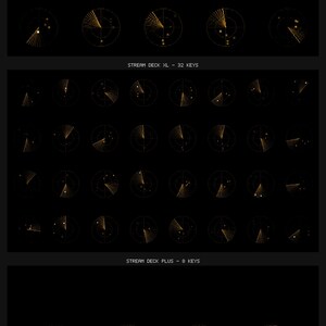 May include: A black graphic display featuring three sections labeled STREAM DECK MK2 - 15 KEYS, STREAM DECK XL - 32 KEYS, and STREAM DECK PLUS - 8 KEYS. Each section contains circular radar-style icons with orange lines and dots on a black background.