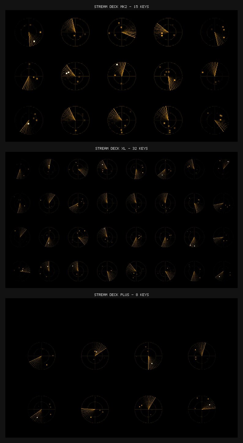 May include: A black graphic display featuring three sections labeled STREAM DECK MK2 - 15 KEYS, STREAM DECK XL - 32 KEYS, and STREAM DECK PLUS - 8 KEYS. Each section contains circular radar-style icons with orange lines and dots on a black background.
