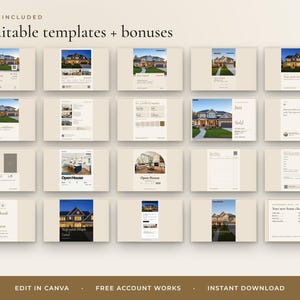 May include: A collection of 34 editable digital templates for real estate marketing, featuring various layouts with house photography, text fields, and graphics. The text includes "WHAT'S INCLUDED", "34 editable templates + bonuses", "Open House", "Just Sold", and "EDIT IN CANVA".