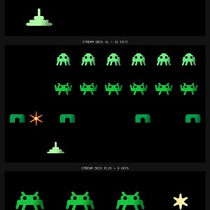 May include: A digital display featuring three sections labeled STREAM DECK MK2 - 15 KEYS, STREAM DECK XL - 32 KEYS, and STREAM DECK PLUS - 8 KEYS. Each section shows green pixelated alien icons, orange starbursts, and a green pyramid-shaped ship on a black background.