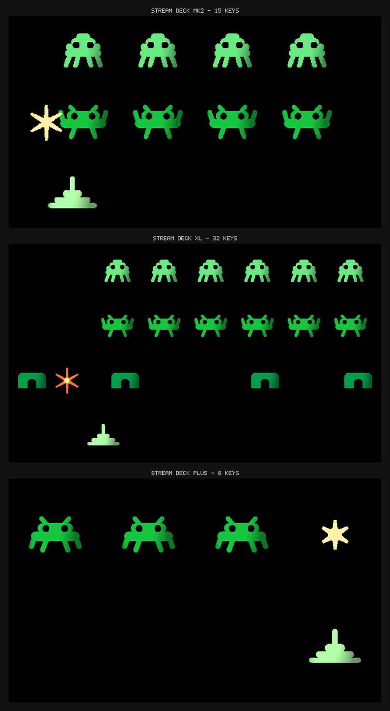 May include: A digital display featuring three sections labeled STREAM DECK MK2 - 15 KEYS, STREAM DECK XL - 32 KEYS, and STREAM DECK PLUS - 8 KEYS. Each section shows green pixelated alien icons, orange starbursts, and a green pyramid-shaped ship on a black background.