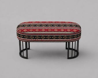 Banco otomano estofado com estampa Cappadocia – Assento com base de metal (35,4”x14,6”x15,7”)