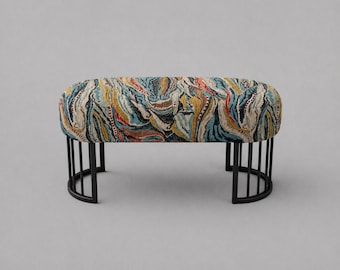 BURFEZ  Aegean Pattern Upholstered Bench  – Metal Base Seating (90x37x40 cm / 35.4”x14.6”x15.7”)