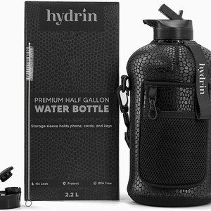 Black-2 Liter Water Bottle with Storage Sleeve, Reusable Straw, EcoFriendly Sports Bottle, Large Gym Jug, BPA Free, Holiday Gift