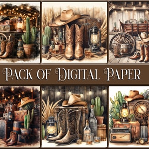Cowboy Digital Paper, Wild West Watercolor, Cowboy Hat jpg, Cowboy Boots jpg, Cactus Watercolor, 6 Pack of Digital Paper, Digital Download