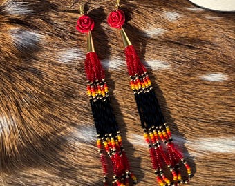 Rose Red Beaded Dangle Earrings | Chickasaw Native Made Beadwork, Hypoallergenic