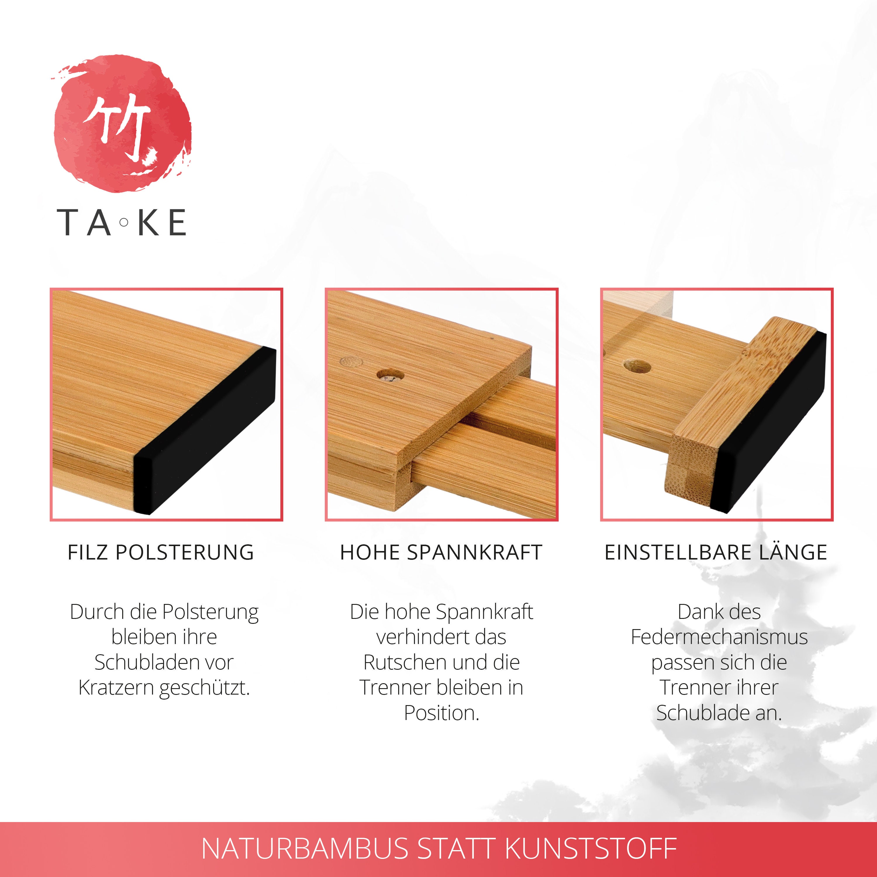 TAKE® 4-teilige Schubladentrenner verstellbar und anpassbar 42-56cm  Gefederte Schubladenteiler aus 100% Natur Bambus für mehr Ordnung -   Österreich