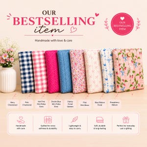 May include: Eight rectangular quilted fabric pouches arranged in a row, featuring various patterns including navy and pink checkered, polka dots, floral, bows, and strawberry prints. Each pouch has a button closure and a soft, padded texture.
