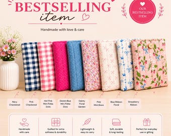 May include: Eight rectangular quilted fabric pouches arranged in a row, featuring various patterns including navy and pink checkered, polka dots, floral, bows, and strawberry prints. Each pouch has a button closure and a soft, padded texture.