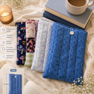 Quilted Cotton Book Sleeve | Padded e-reader Cover, Paperback Protector, Button Closure