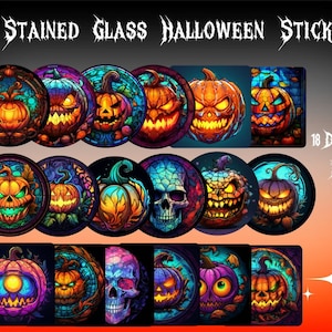 Halloween Stained Glass Clipart Stickers Tags Goodnote Stickers | Skulls, Jack-O-Lantern, Pumpkins Digital Download
