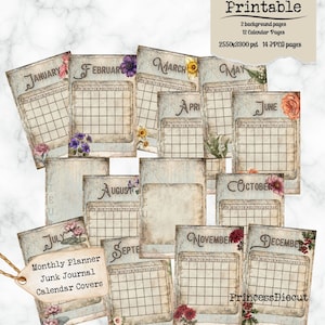 Druckbarer Monatskalender Blumen Junk Journal | Digitales Papier