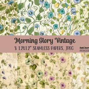Floral Pattern Morning Glory Vintage Blue & Purple digital paper pack, seamless pattern, vines, faded script, digital papers