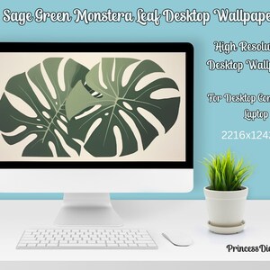 Sage Green Monstera Leaf Desktop Wallpaper (Digital Download)