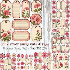 Pink Flowers Fussy Cuts Printable Stickers | Junk Journal Ephemera, Journal Supplies Collage Sheets