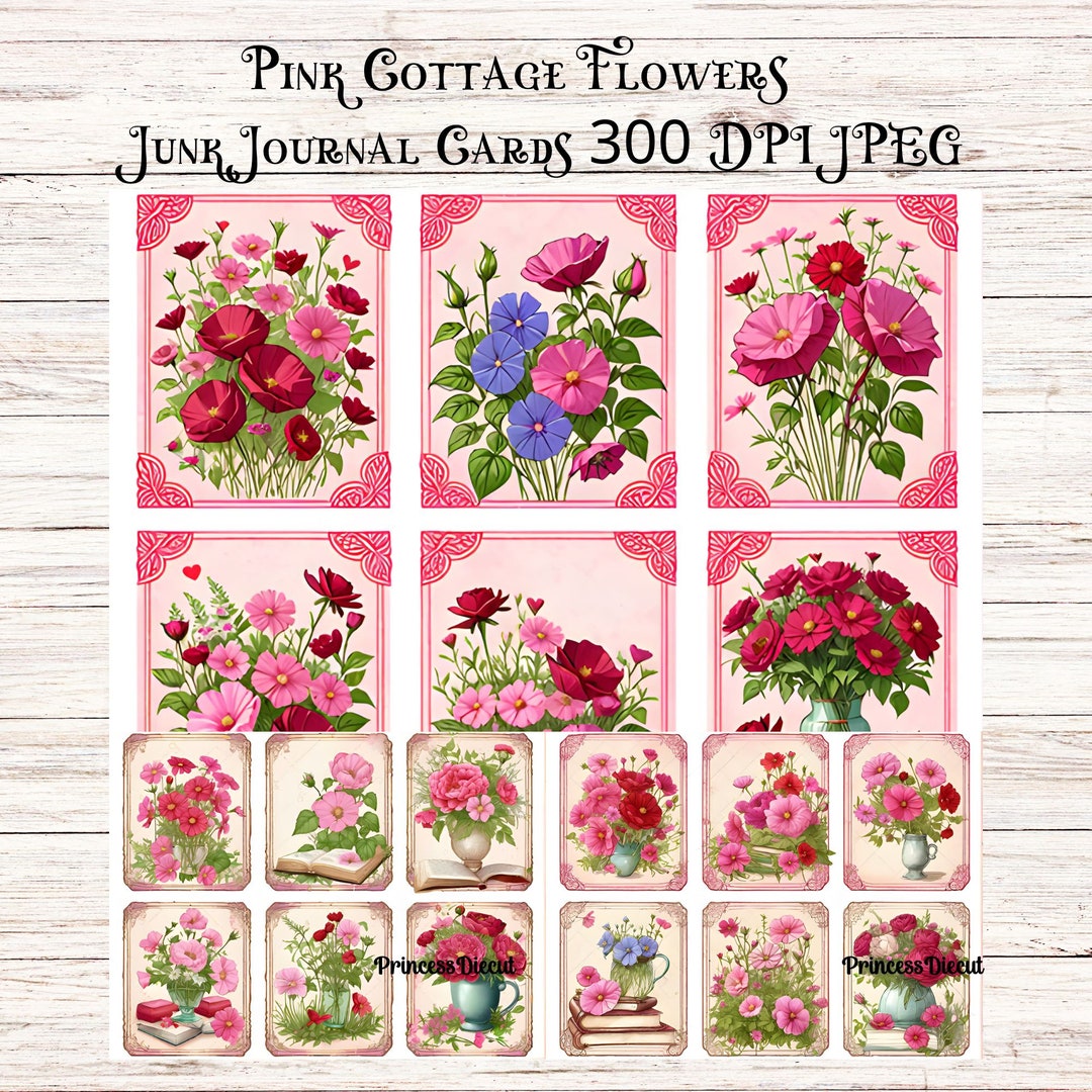 Pink Cottage Flowers Digital Junk Journal Ephemera Cards - Etsy