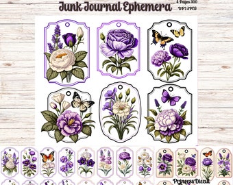Digital Junk Journal Pages | Purple Flower Garden Tags Ephemera
