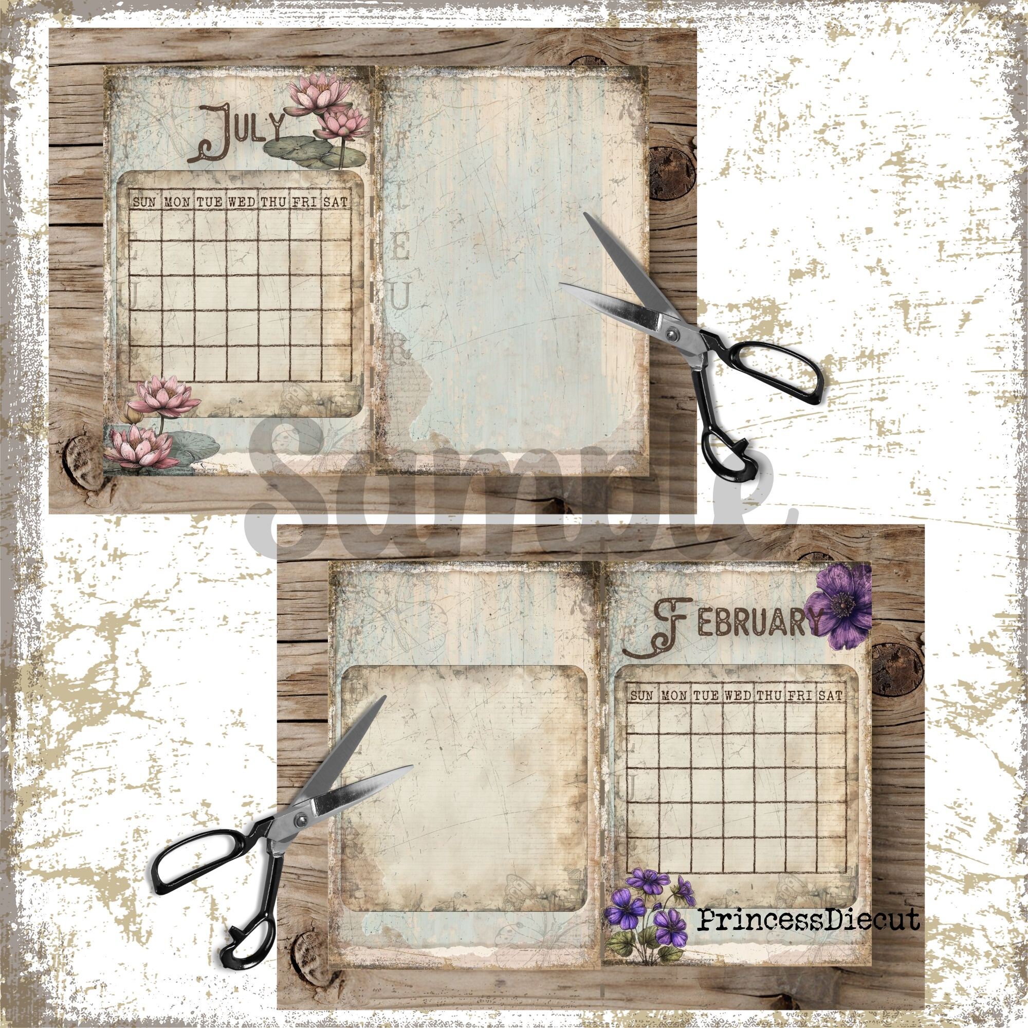 印刷可能な月間花ジャンクジャーナルカレンダー | デジタルペーパー
