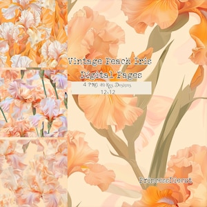 May include: Four digital paper designs featuring peach-colored iris flowers on a light peach background. The text "Vintage Peach Iris Digital Pages" and "4 PNG Hi-Res Designs 12x12" is included in the image.  The text "PrincessDiecut" is also included in the image.