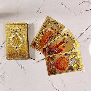 Gold Foil Rider Waite Tarot Deck with Booklet and Classic Original Designs from 1909 ~ Shiny Beautiful Cards for Beginners and Study