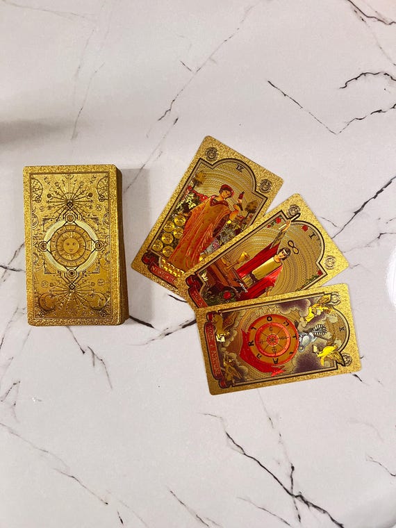 Gold Foil Rider Waite Tarot Deck with Booklet and Classic Original Designs from 1909 ~ Shiny Beautiful Cards for Beginners and Study