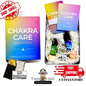 May include: A chakra care rebalance kit in a silver tin with a rainbow gradient design. The kit includes 20 chakra care cards, 2 essential oils, 3 bath bombs, and an amethyst crystal. The tin also includes the text "Chakra Care Rebalance Kit".