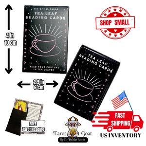 May include: Black tea leaf reading cards, 4 inches (10 cm) tall and 2.5 inches (6 cm) wide, with a pink teacup design. The text on the box reads "Tea Leaf Reading Cards" and "Read Your Fortune in Tea Leaves". Includes a free tarot reading.