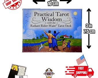 May include: A blue and white box with the text "Practical Tarot Wisdom with the Radiant Rider-Waite Tarot Deck". The box is 4 inches wide and 3 inches tall. The box features a colorful illustration of a family standing in a field.