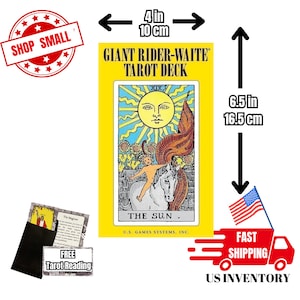 May include: Giant Rider-Waite Tarot Deck with The Sun card displayed. The deck is 6.5 inches tall and 4 inches wide. The card shows a child riding a white horse with a sun and a red banner in the background.