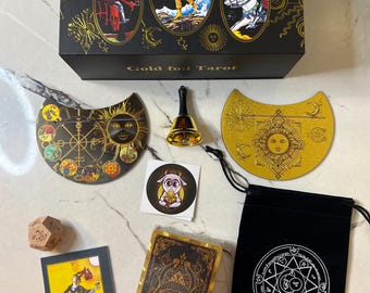 Deluxe Set - Gold Foil Rider Waite Tarot Deck w Booklet and Classic Original Designs from 1909 Shiny Beautiful Cards for Beginners and Study