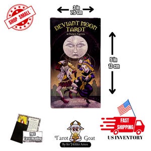 May include: A box of Deviant Moon Tarot cards by Patrick Valenza. The box is black with a white moon and two figures in the center. The box is 3 inches wide and 5 inches tall.