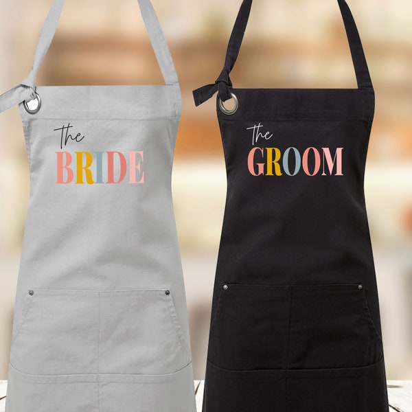 Bride Apron, Groom Apron, Wedding Apron, Canvas Apron, Mr and Mrs Apron, Bride Gifts, Couple Apron, Kitchen Apron, Wife Husband Apron