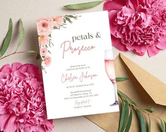 Floral Bridal Shower Invitation Template, Petals and Prosecco (Digital Download)