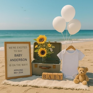 Strand Schwangerschaft Ankündigung Canva Digitale Schwangerschaft Ankündigung Vorlage Sommer Baby Ankündigung Social Media Baby offenbaren Geschlechtsneutral
