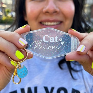 Cat Mom Keychain with Charm | Gifts for Cat Mom | Gifts for Her | Glitter Keychain | Cat Mom Aesthetic Keychain