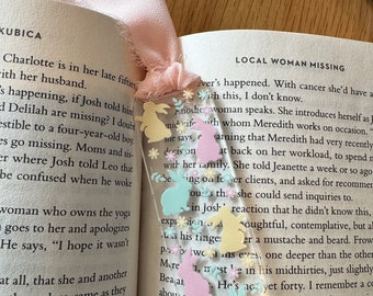 Pastel Floral Bunny Acrylic Bookmark with Pink Chiffon Ribbon | Spring Floral | Boho UV DTF Decal | Gift for Book Lovers | Easter Gifts