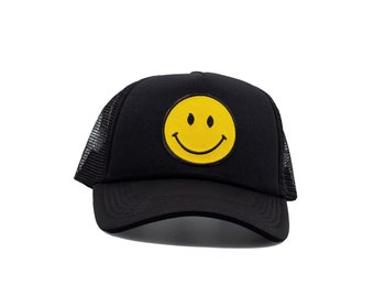 Happy Face Black Foam Mesh Trucker Hut Gelb Smiley Gesicht