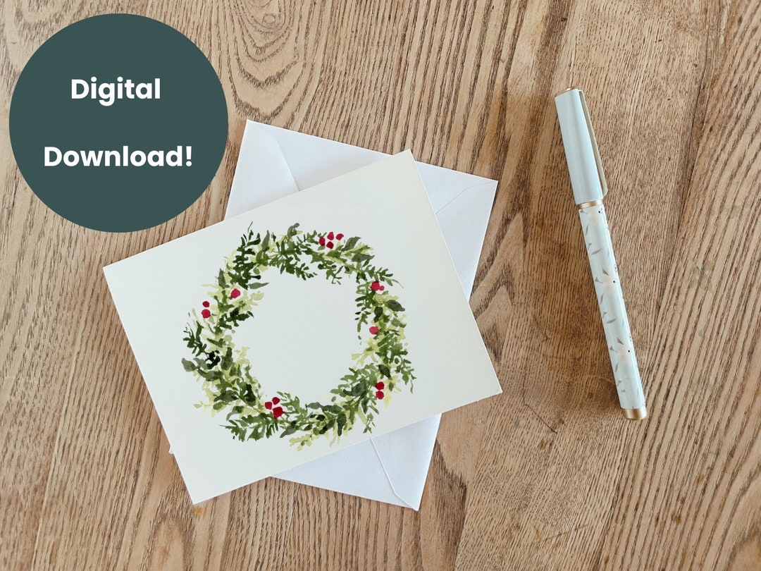 Watercolor Christmas Wreath Card Digital Download Printable, Watercolor ...