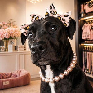 May include: A black dog wearing a pink and black leopard print bow headband and a pearl necklace. The dog has a white patch on its chest. The background includes a pink dog bed, flowers, and a chandelier.