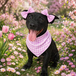 May include: A black dog with a pink gingham bandana and matching bows in its ears sits in a field of pink flowers. The dog's tongue is out, and it appears to be smiling. The background is filled with pink blossoms.