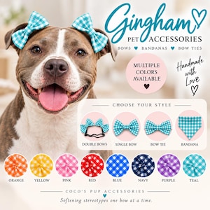 Gingham Dog Bows, Double Ear Bows & Dog Bow Tie, Dog Accessories, Knotted Bow for Short Haired Dogs, bandana small - x large