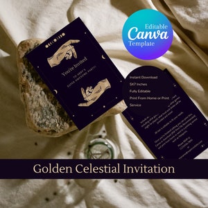 Golden Celestial Party Invitation, Editable Canva Template, Front and Back Design, 5 Inches by 7 Inches, Print From Home, Digital Download